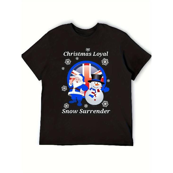 Men s Funny Christmas Loyal Snow Surrender T-Shirt - British Winter Theme with Union Jack & Snowmen Design, Plus Size Casual Short Sleeve Round Neck S чёрный