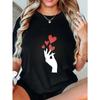 Black Oversized T Shirt With White Hand And Red Hearts Print For Casual Wear