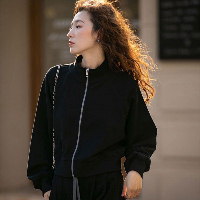 Women's Autumn 2026 Stylish Stand-up Collar Cardigan Jacket and Loose Hoodie Sportswear Set