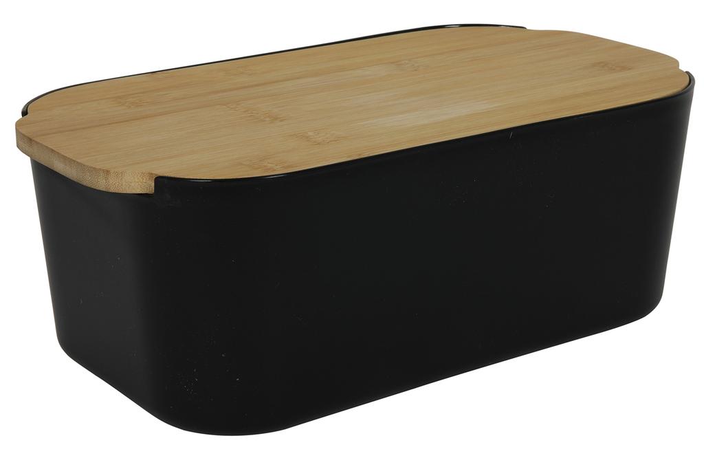 BLACK PLASTIC BREAD BOX WITH BAMBOO BOARD AND LID 33x18 cm DESIGN