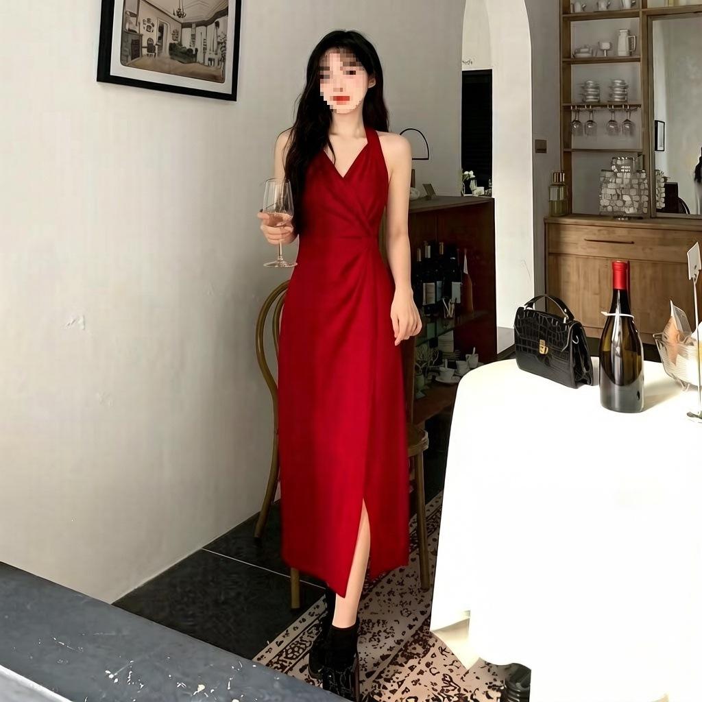 Large Size Women's Clothing Spring and Autumn New Fat Mm Belly Covering and Thin Red Suspender Dress French Senior Neck Dress Summer