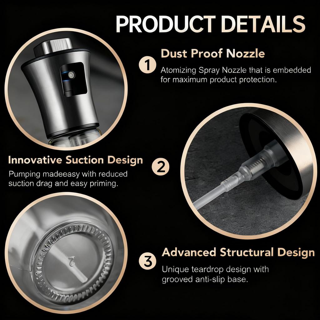 [Ölsprüher aus Edelstahl] 200 ml Glas-Ölsprühflasche mit Edelstahlpumpe, Transparenter Kochnebelsprüher