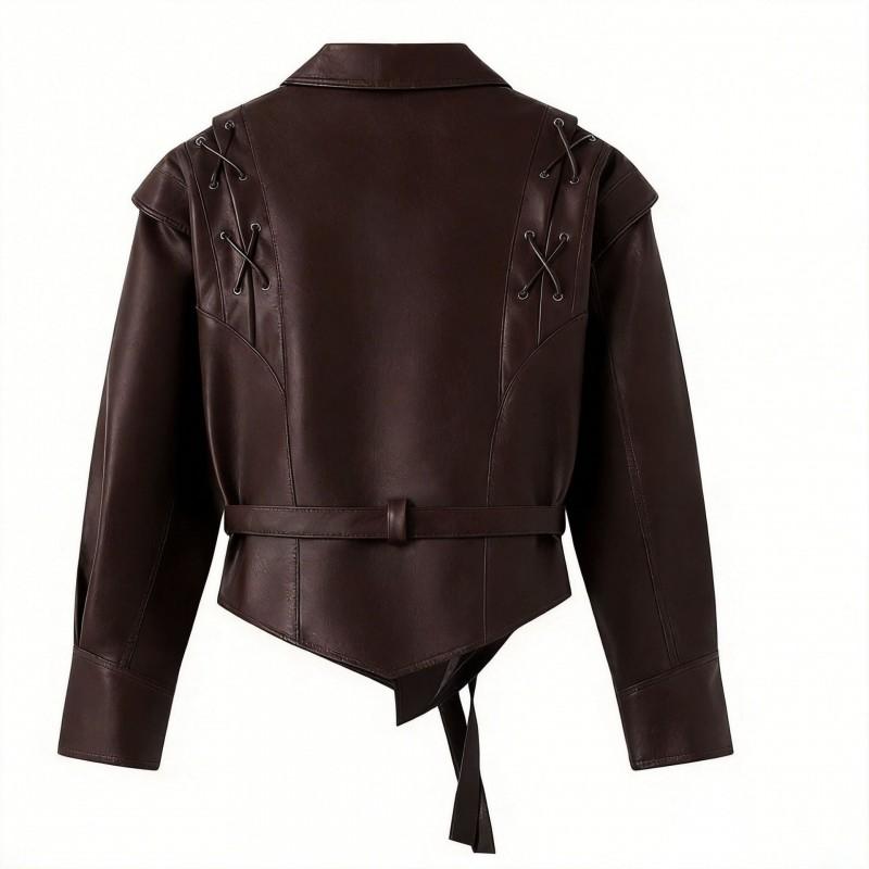 Womens Faux Leather Jacket Fall Winter Lapel Adjustable Belt Slim Fit Black Motorcycle Coat