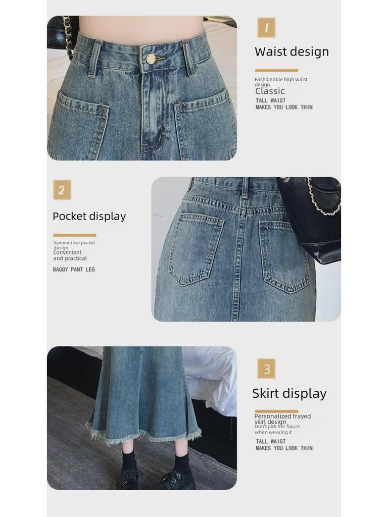 High-Waist Retro A-Line Raw Edge Denim Skirt for Women – Summer Trend
