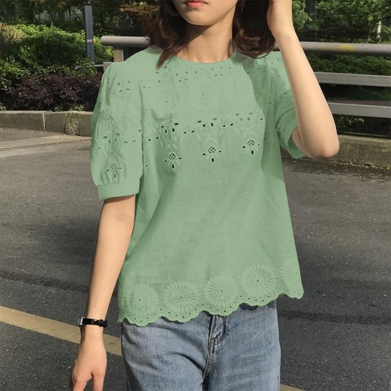 ZANZEA Women Casual Crew Neck Short Sleeve Embroidery Lace Blouse