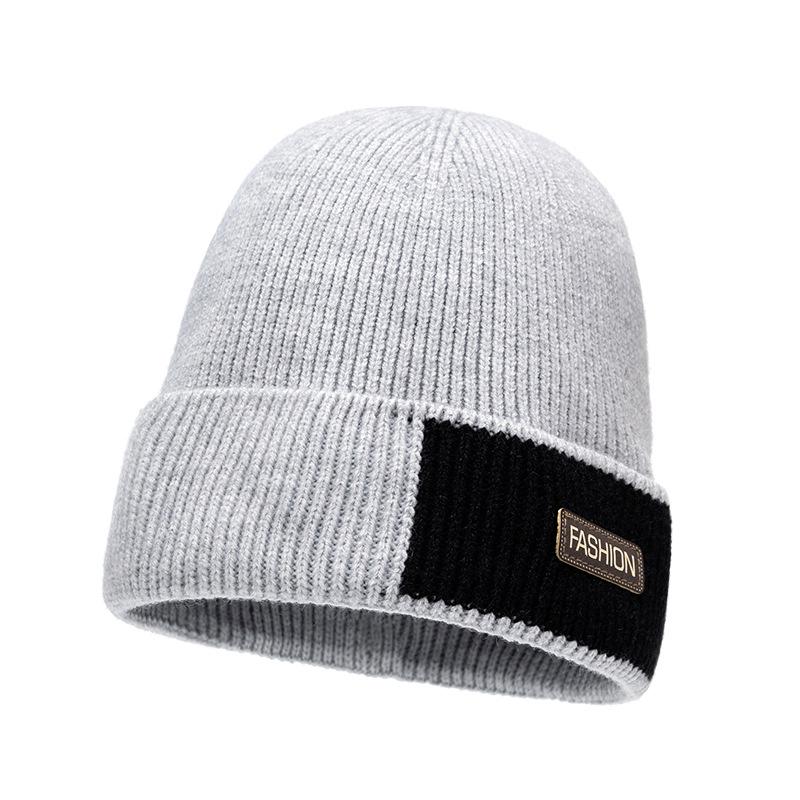 Winter Wool Knitted Hat Men's Fleece Thick Color Block Hat Outdoor Cycling Windproof Cap