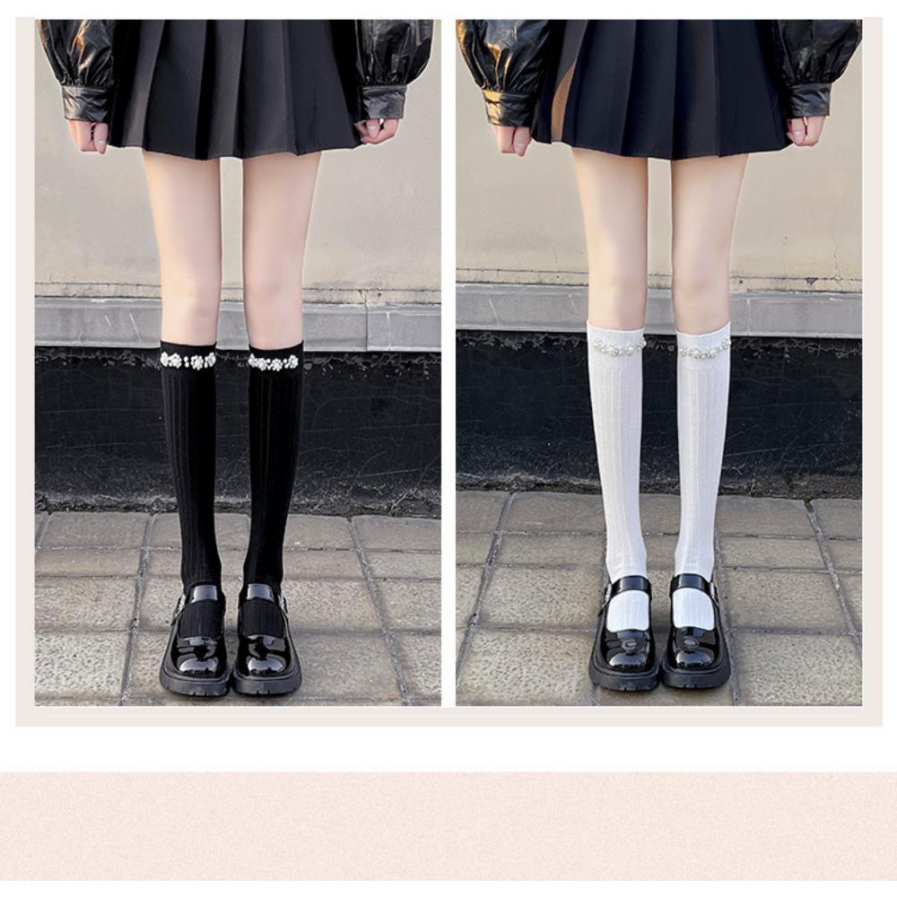 Black and White Calf Socks Pearl Solid Color Fairy Pearl Socks Loli Ins Tide Pure Cotton Jk Medium Tube Socks Spring and Autumn