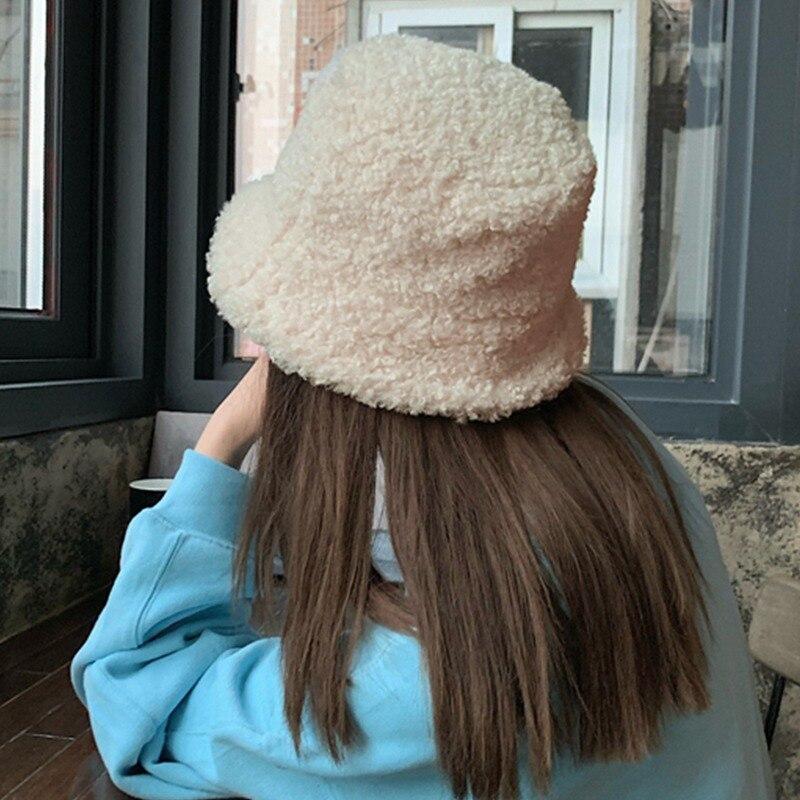 Winter Women Faux Fur Bucket Hat Outdoor Warm Lamb Black Solid Fluffy Fishing Cap