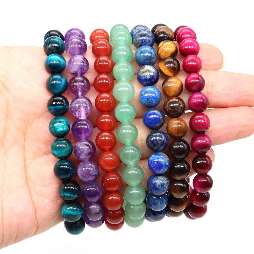Natural Stone Bracelet Healing Crystal Amethyst Quartz Agate Round Loose Bead Elastic Stretch Bangle For Women Men Jewelry Gifts