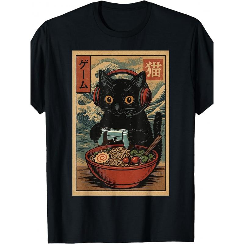 Cute Kawaii Gamer Cat Funny Ramen Retro Japanese Cat Gaming T-Shirt
