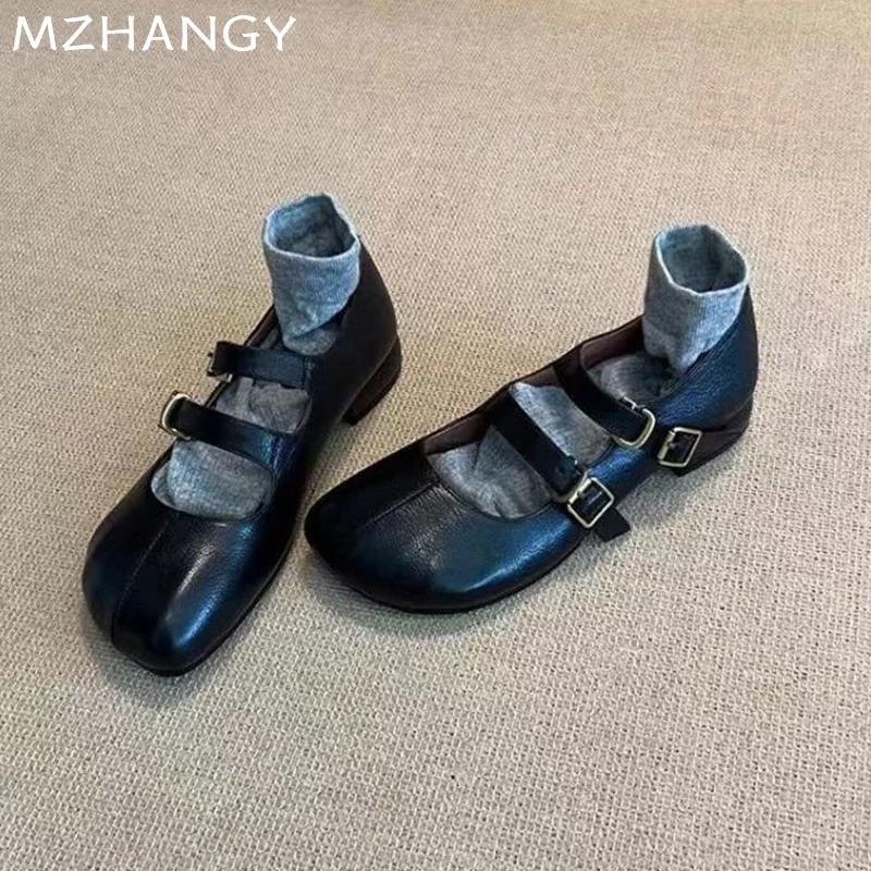 Módní dámské kožené boty Mary Jane Mělké boty na podpatku s přezkou Žena 2024 Trend Podzimní baleríny Nová móda Mujer De Zapatillas