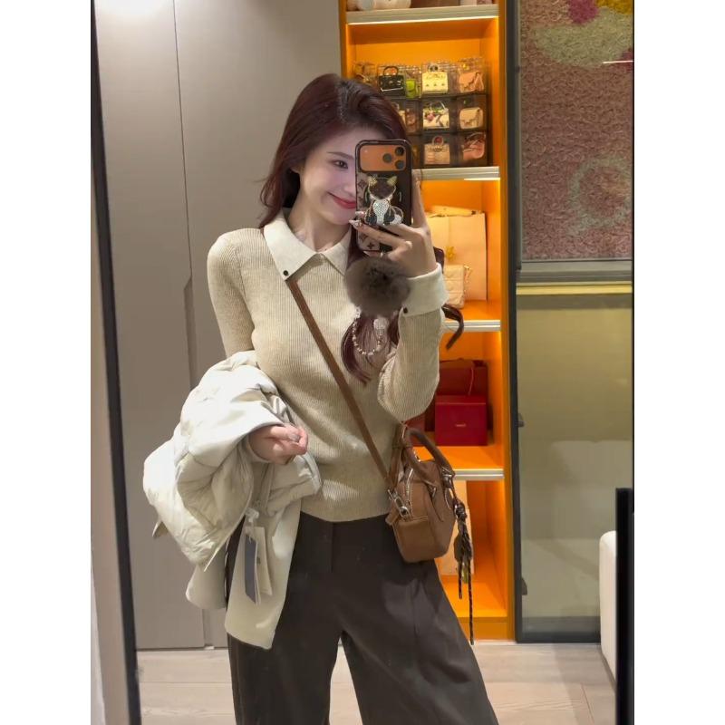 High-end Contrasting Color Collar Lapel Knitted Sweater Autumn and Winter Top Slim Shoulder Inner Long-sleeved Women's Soft Waxy Sweater