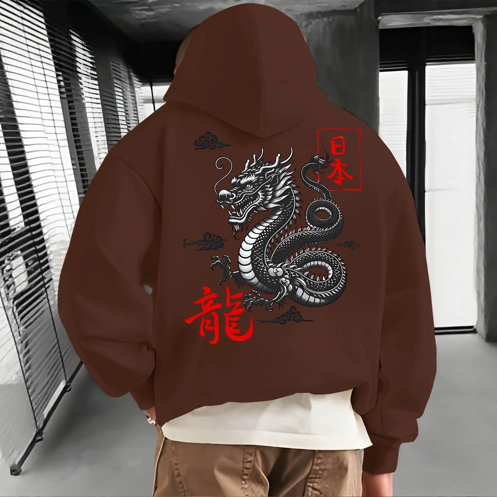 Japanese ukiyo-e painting dragon print hooded sweater men, spring and autumn heavy loose couple jumper top