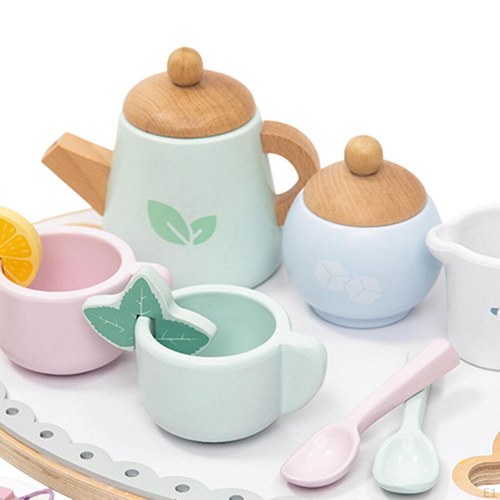 Wooden Tea Set for Little Girls Wood Toy 16 Pieces Kids Kitchen Accessories Play Food