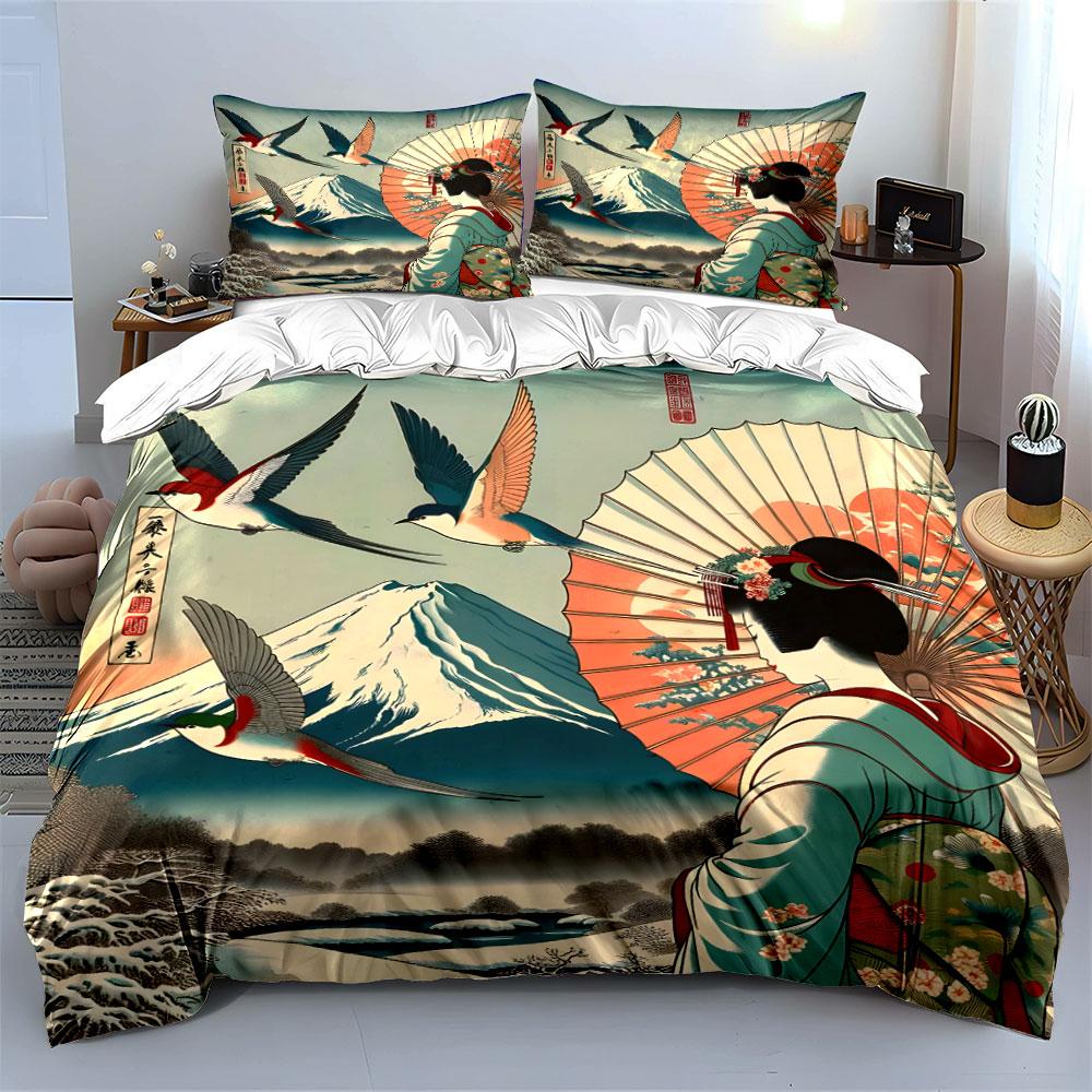 Traditional Japanese Art Decor Set Soft Comfortable Duvet Cover Bedding Set Included 1*Duvet Cover & 2*Pillowcases, Gift