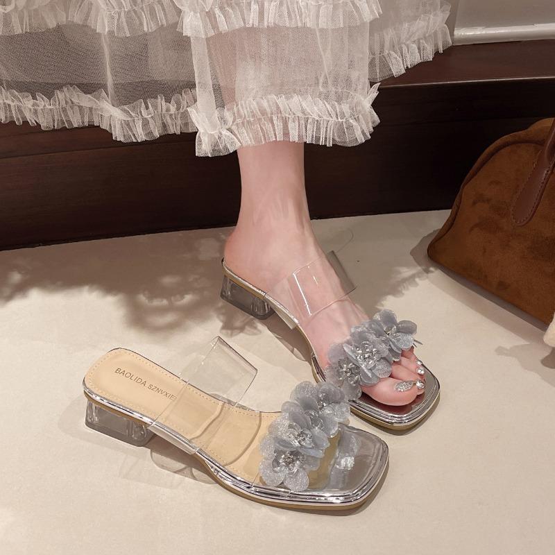 Transparent with Crystal Heel Cool Slippers New Summer French High-heeled Flower Rhinestone Sandals