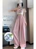 2024 Women's High Waist Pink Ice Silk Wide Leg Pants - Summer Petite Loose Fit with Draping