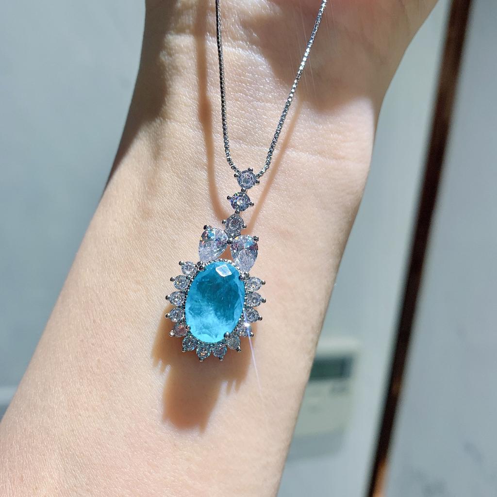 Schmuck Retro Simulation, Blauer Paraiba Schmuckset Ohrstecker Hauptstein 8 * 12 Anhänger 10 * 14