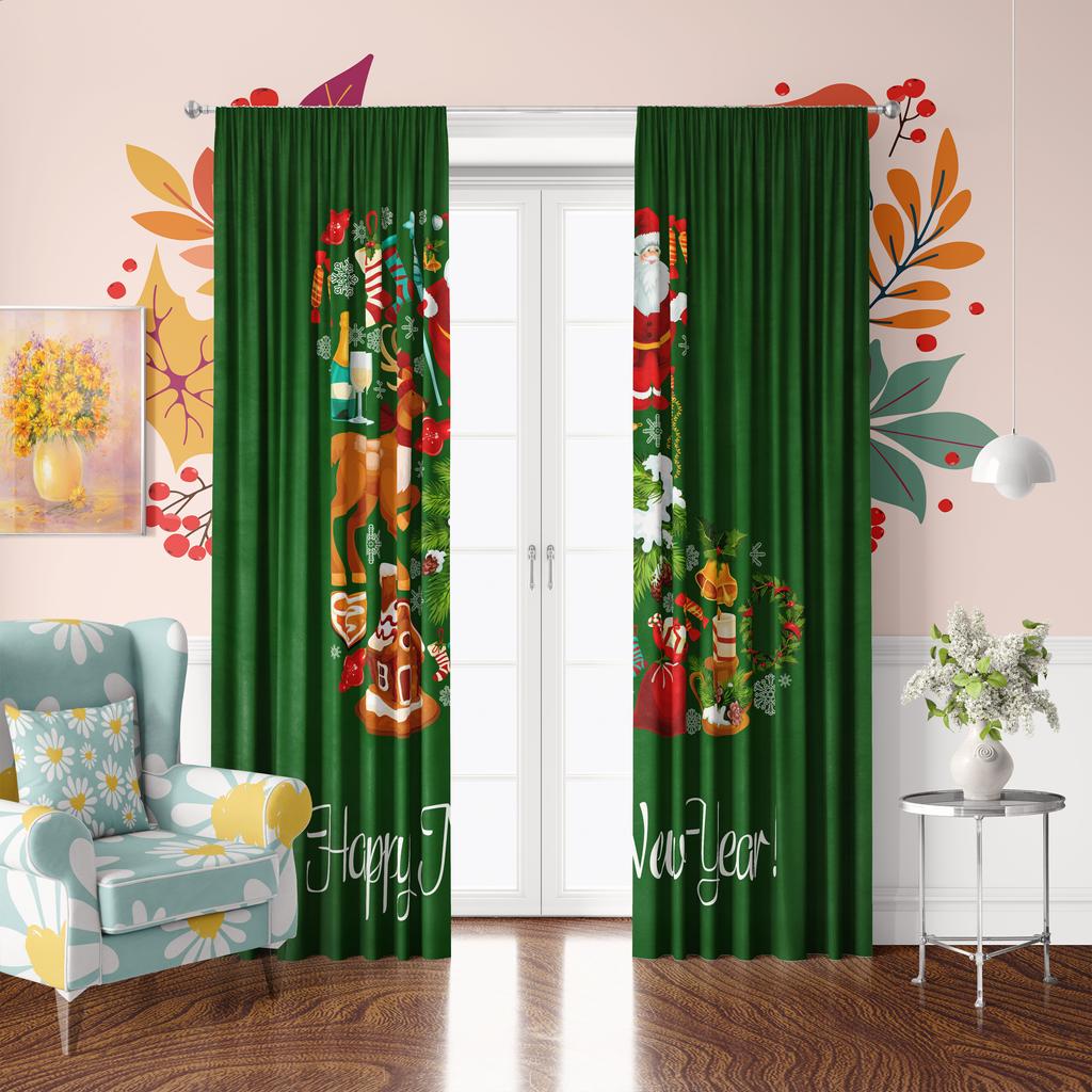 2 kusy - Vánoční dekorace Santa Claus tištěný závěs - Polyesterový materiál - vhodný do ložnice, obývacího pokoje, pracovny