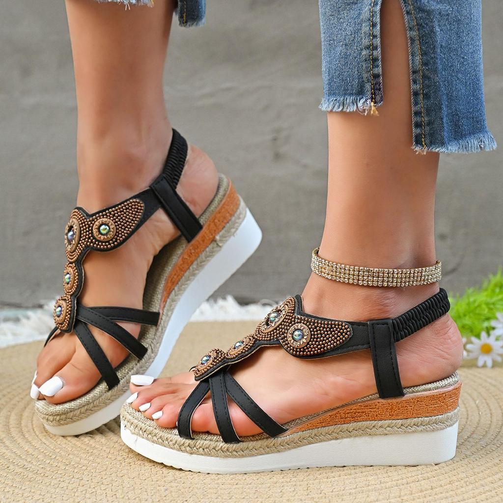 Women Beaded Elastic Band Sandals Lightweight Slip On Summer Beach Shoes Comfortable Ethnic Style Open Toe Flat Sandals