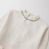 2024 Spring Women's Fashion Round Neck Sweater with Pearl Decor