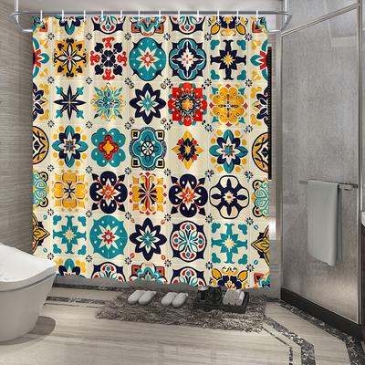 1pc Bohemian Style Shower Curtain - Vibrant Floral & Geometric Pattern, Blue/Red/Yellow,  Bathroom Decor