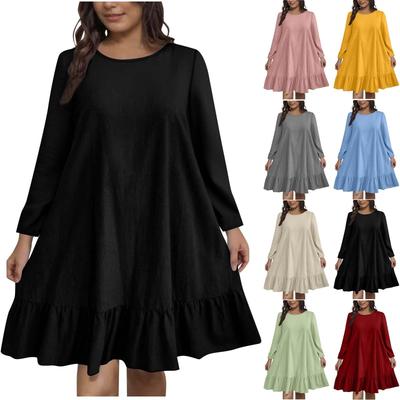Women's Plus Size Casual Fashion Solid Color Round Neck Long Sleeves Dress