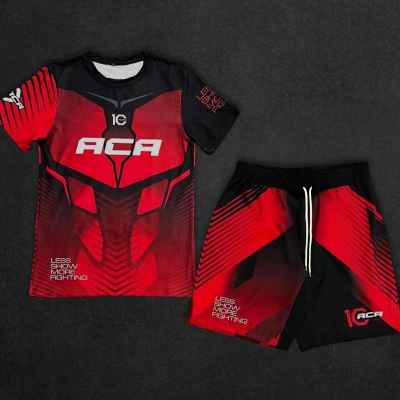 Nuovo Set Sportivo ACA 2026 Uomo Bambino Camo Rosso Nero Grafico Rash Guard Top & Pantaloncini Asciugatura Rapida Tuta da Allenamento MMA Combattimento