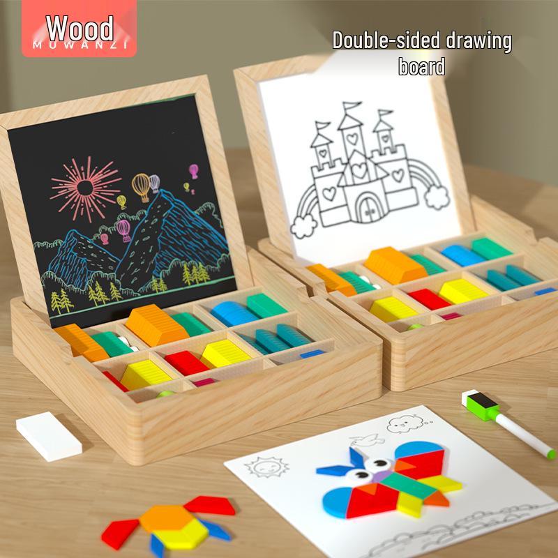 Double-Sided Wooden Magnetic Puzzle & Drawing Board: Tangram & Geometric Building Blocks for Kids' Education