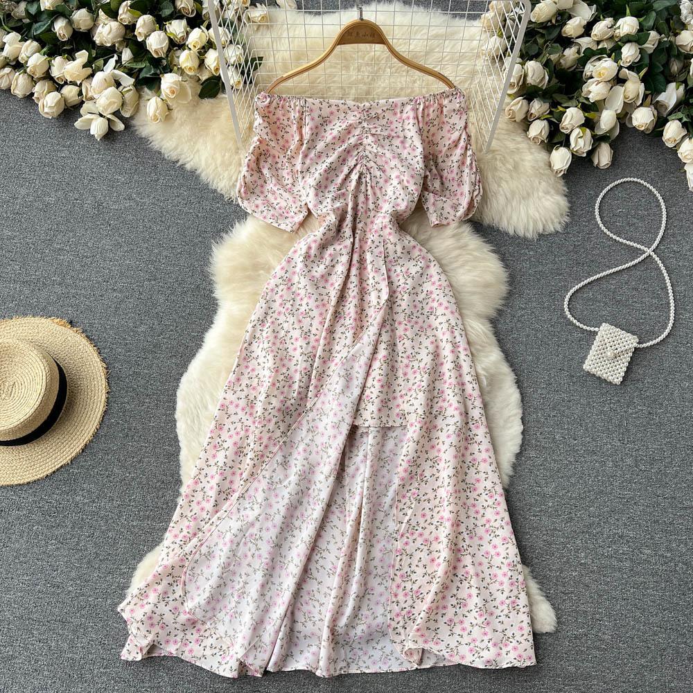 Blumenkleider Damen Sommer Französische Eustoma Ein Schulter Kurze Ärmel Teepause Schlitz Knielang Kleid