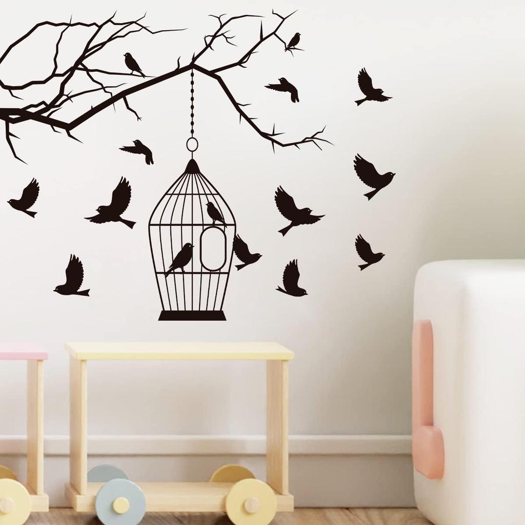 Black Branch Birdcage Wall Sticker for Bedroom, Living Room, or Entrance Decor