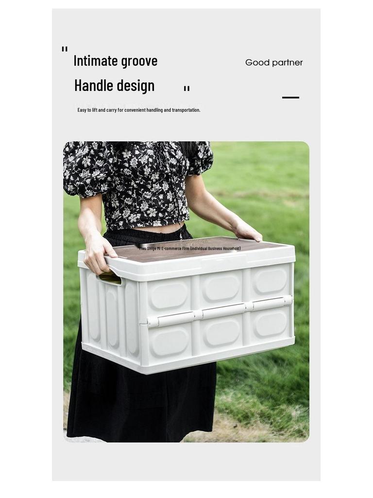 Skládací úložný box do kufru auta s dřevěným víkem - Přenosný organizér na kempování a piknik