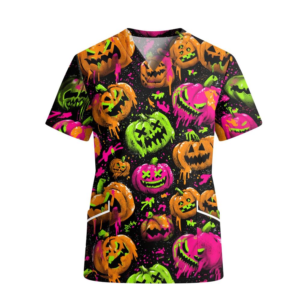 Women V Neck Short Sleeve Work Top with Pockets Halloween Pumpkin Print Medical Scrub Shirt Lightweight Comfortable Fit