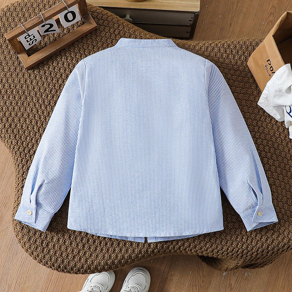Boys Vertical Striped Long Sleeve Shirt 5-12Y Stand Collar Pocket Kids Soft Casual Blouse Back To School Outfit