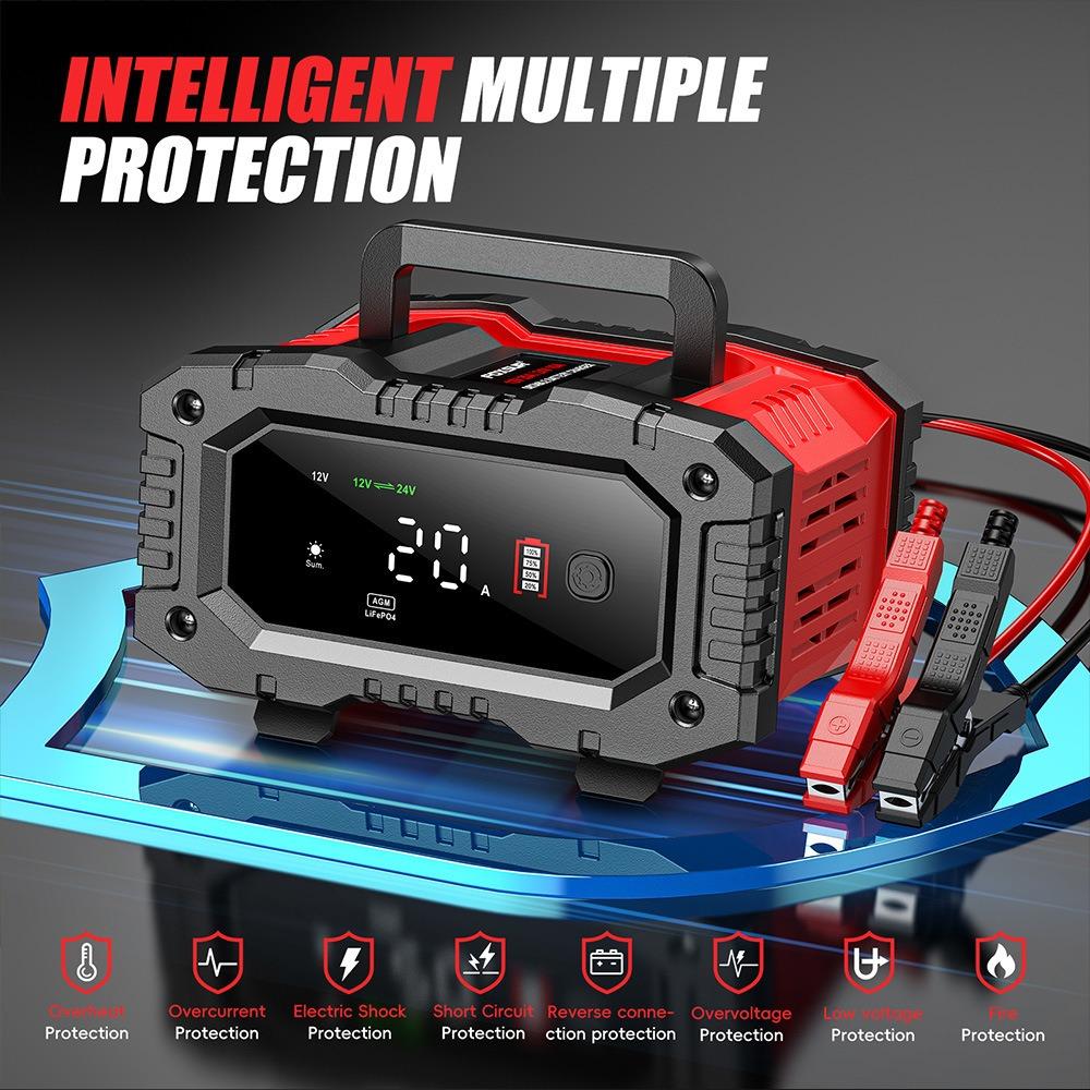 AB Fişli 12V 20A/ 10A 5A Tam Otomatik Akü Şarj Cihazı, 7 Kademeli 12V/24V Akıllı Şarj Cihazı, Kurşun Asit AGM LiFePO4 için Darbeli Onarım Bakım Cihazı
