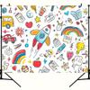 2D Classroom Decoration Backdrop, Hand Drawn Rocket Rainbow & School Items Banner