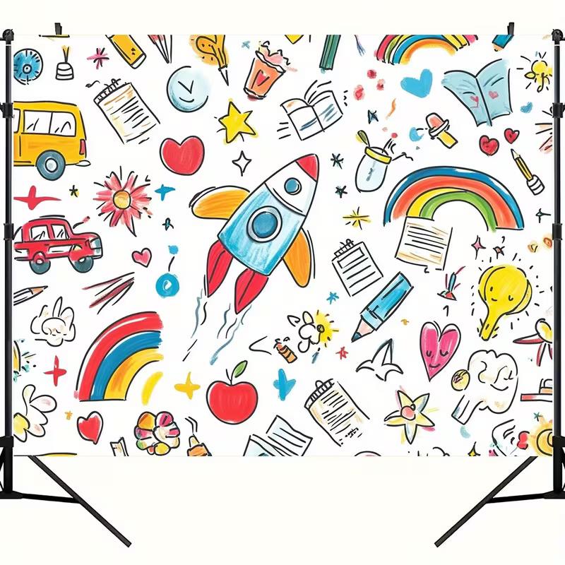 2D Classroom Decoration Backdrop, Hand Drawn Rocket Rainbow & School Items Banner