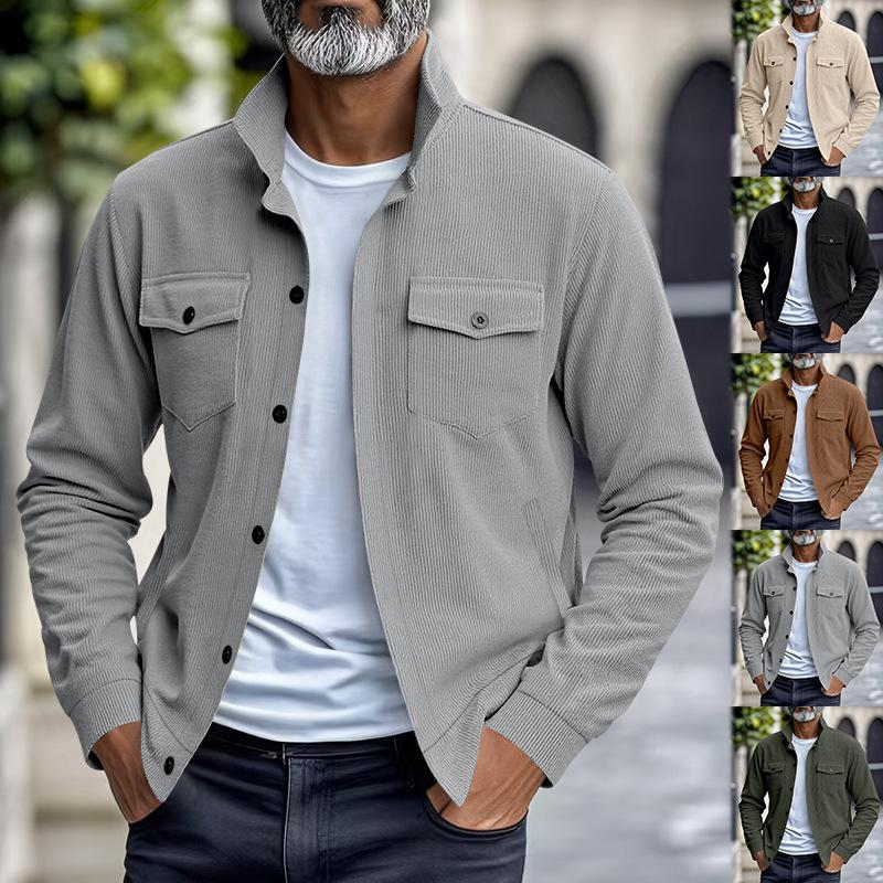 Men's Spring Autumn New Style American Workwear Solid Color Minimalist Casual Versatile Loose Collared Corduroy Jacket Coat