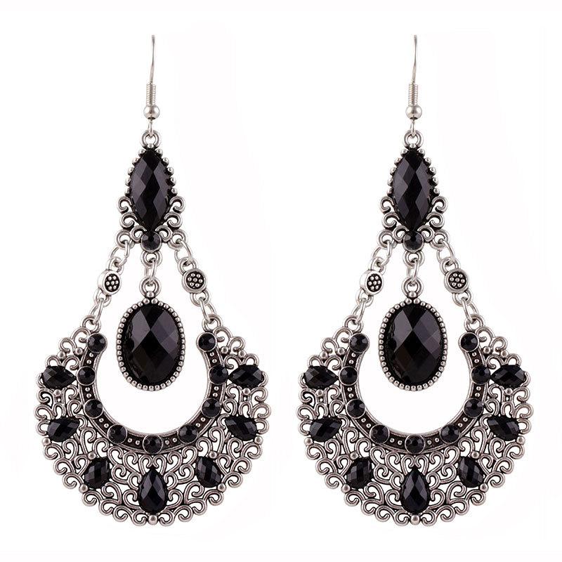 Vintage Palace Style Rhinestone Water Drop Earrings for Women Temperament Hollow Carved Silver Color Metal Earring Femme Jewelry