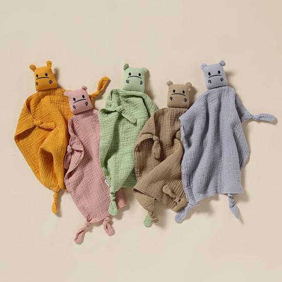 Cotton Baby Security Blanket Hippo Loveys with Bite-Friendly Corners Teething Safe Baby Towel for Newborns Infants