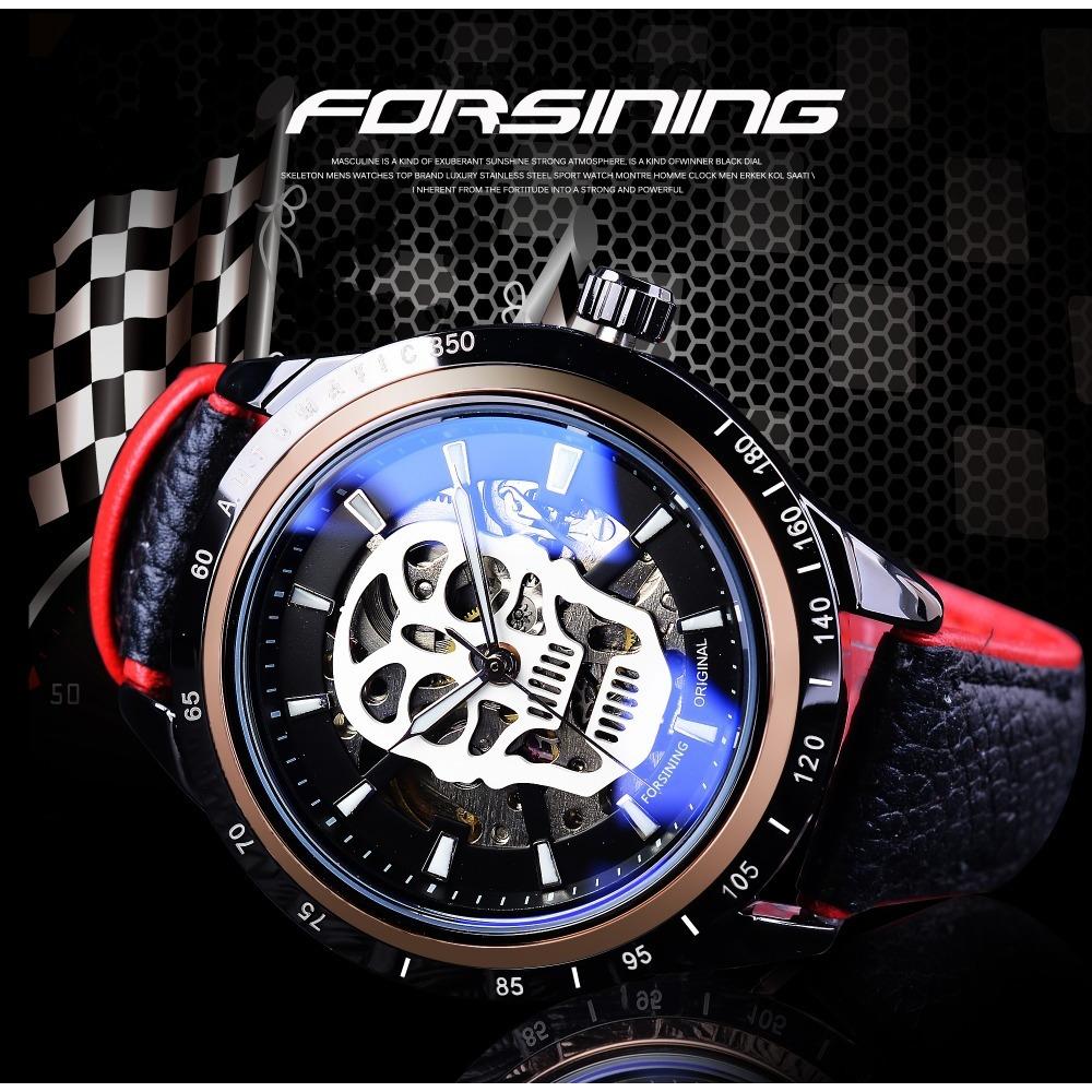 Forsining Men's Fashion Casual Glow-in-the-dark Skull Hollow Mechanical Watch Waterproof Automatic Mechanical Watch SLZe156-W