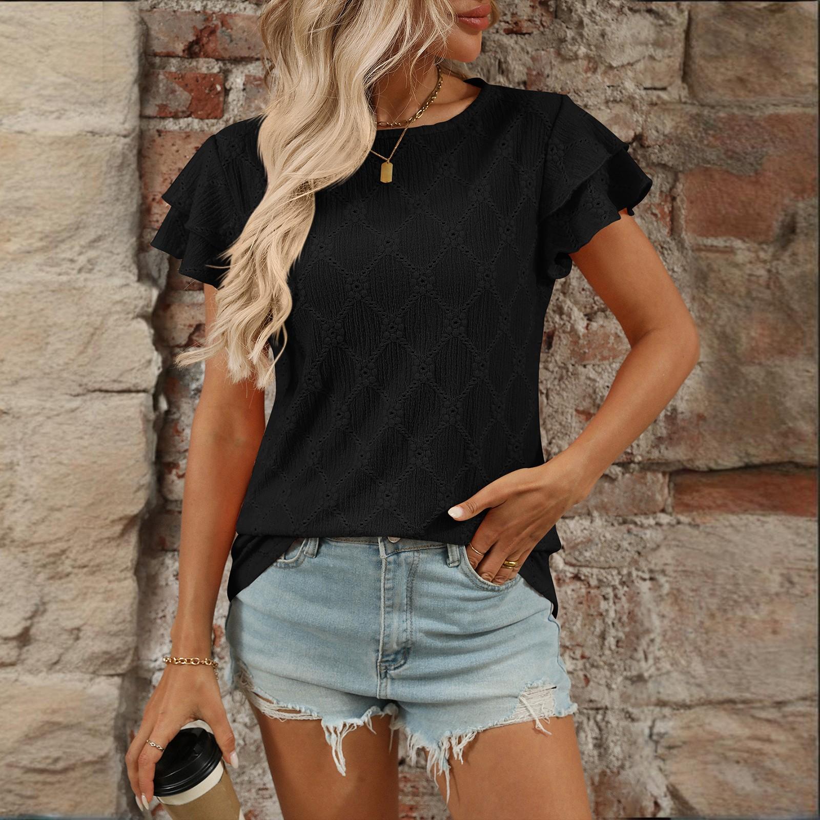 

Женский однотонный топ с круглым вырезом и короткими рукавами XXL чёрный