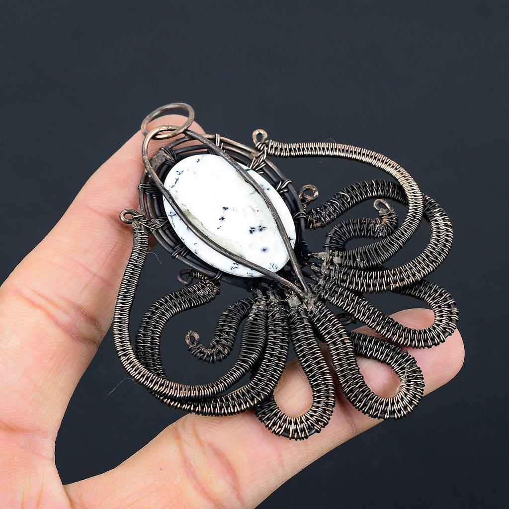 Dendrite Opal 999 Copper Wire Wrapped Pendant, Handmade Gemstone Jewelry Pendant Gift For Birthday