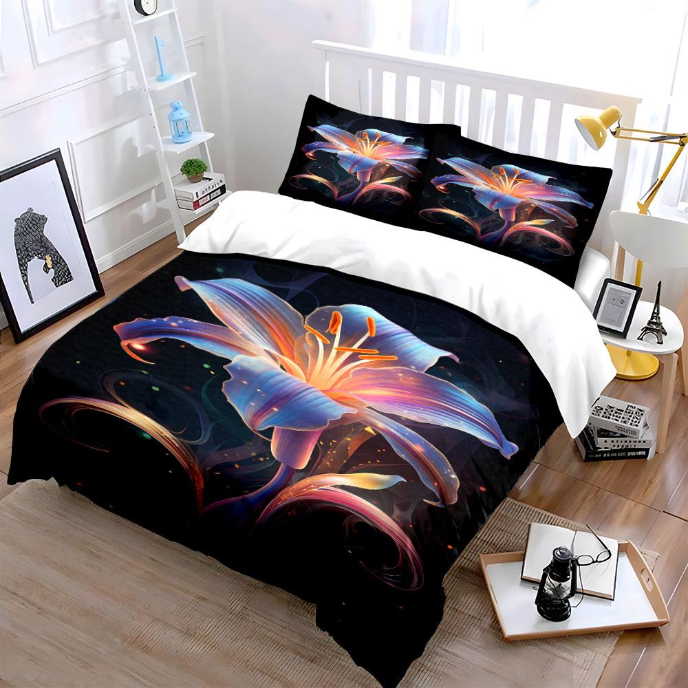 Colorful glowing lily flower. Bedding sets Duvet cover sets Duvet covers Pillowcases(1*Duvet Cover 2*Pillowcases without duvet insert)