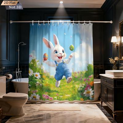 1pc Easter Happy Cartoon Rabbit Printed Waterproof Shower Curtain Partition Privacy Hanging Curtain With 12 Hooks Multiple Sizes