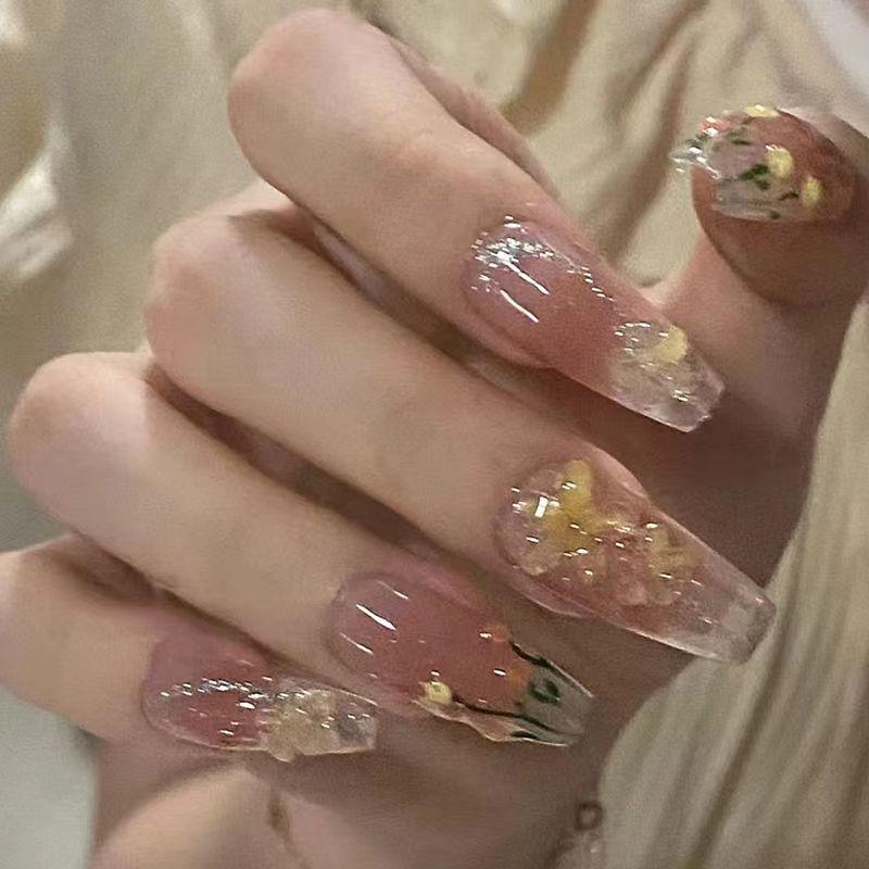 Handmade UV Gel Blush Tulip Press-On Nails - Reusable Nail Art Patches