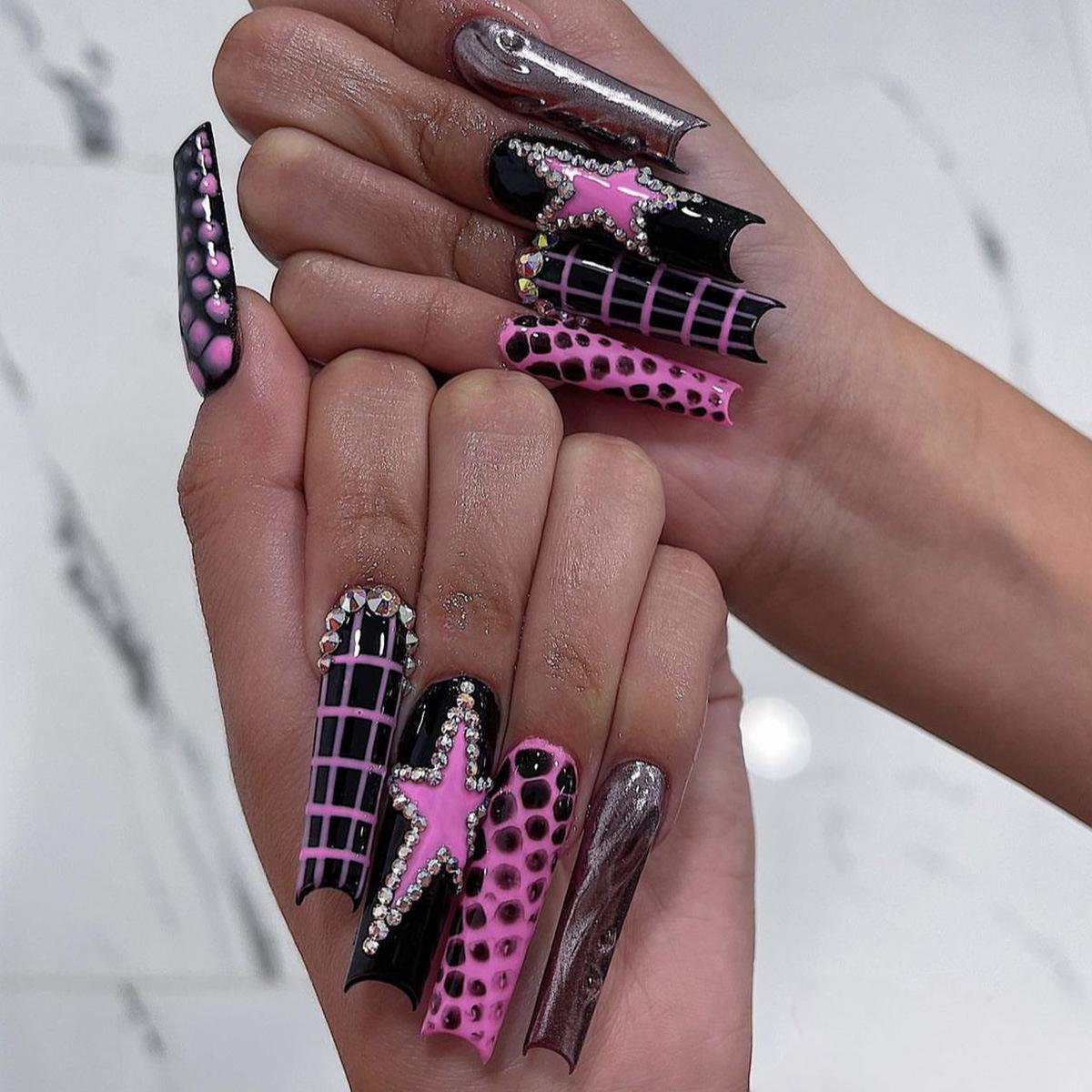 

Long water pipe black checkerboard pink star dot fake nails 3D rhinestones premium wearable nail nails