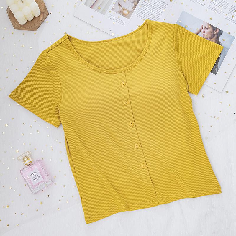 Ribbed Cropped Bodycon T-Shirt with Built-in Bra Pads and Fixed Short Sleeves