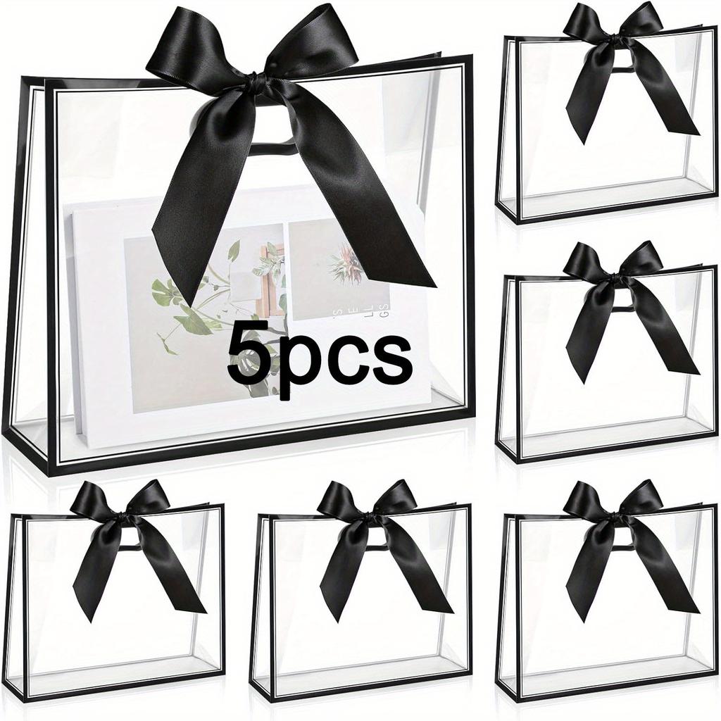 5pcs Plastic Gift Bags with Handle and Ribbon Clear Treat Bags Reusable Thank You Gift Bags Party Favors Bags Gift Wrap Bag