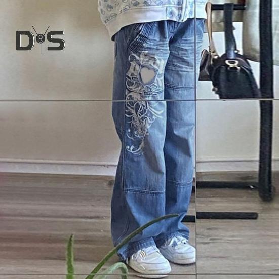 Women Jeans Mid Waist Irregular Individual Printing Retro Style Straight Wide Leg Patchwork Full Length Trousers for Vacation Travel Work School